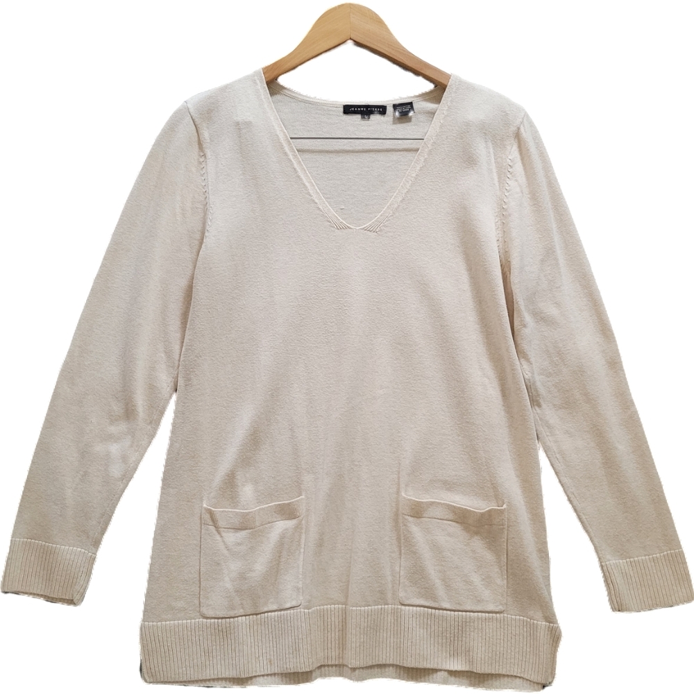 Jeanne Pierre V-Neck Pockets Slim Long Neutral Cotton Pullover Sweater - L - EUC